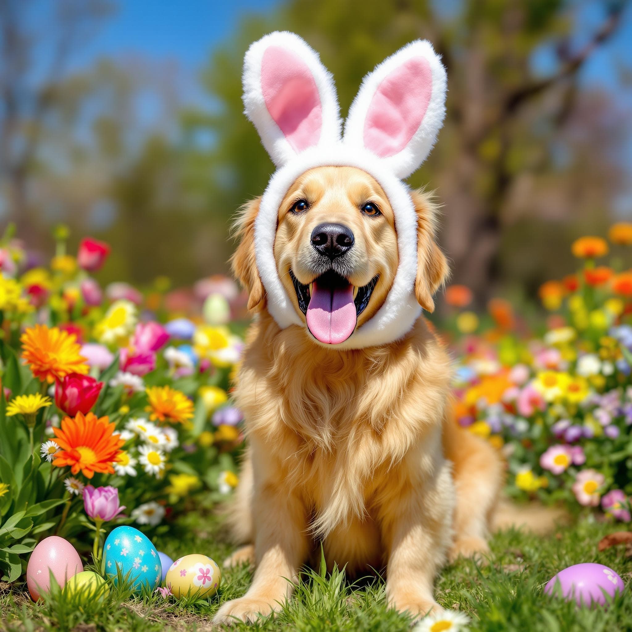 AI generated Pet Portrait of Golden retriever dressed as an Easter bunny in a garden of colorful eggs and flowers 🐰