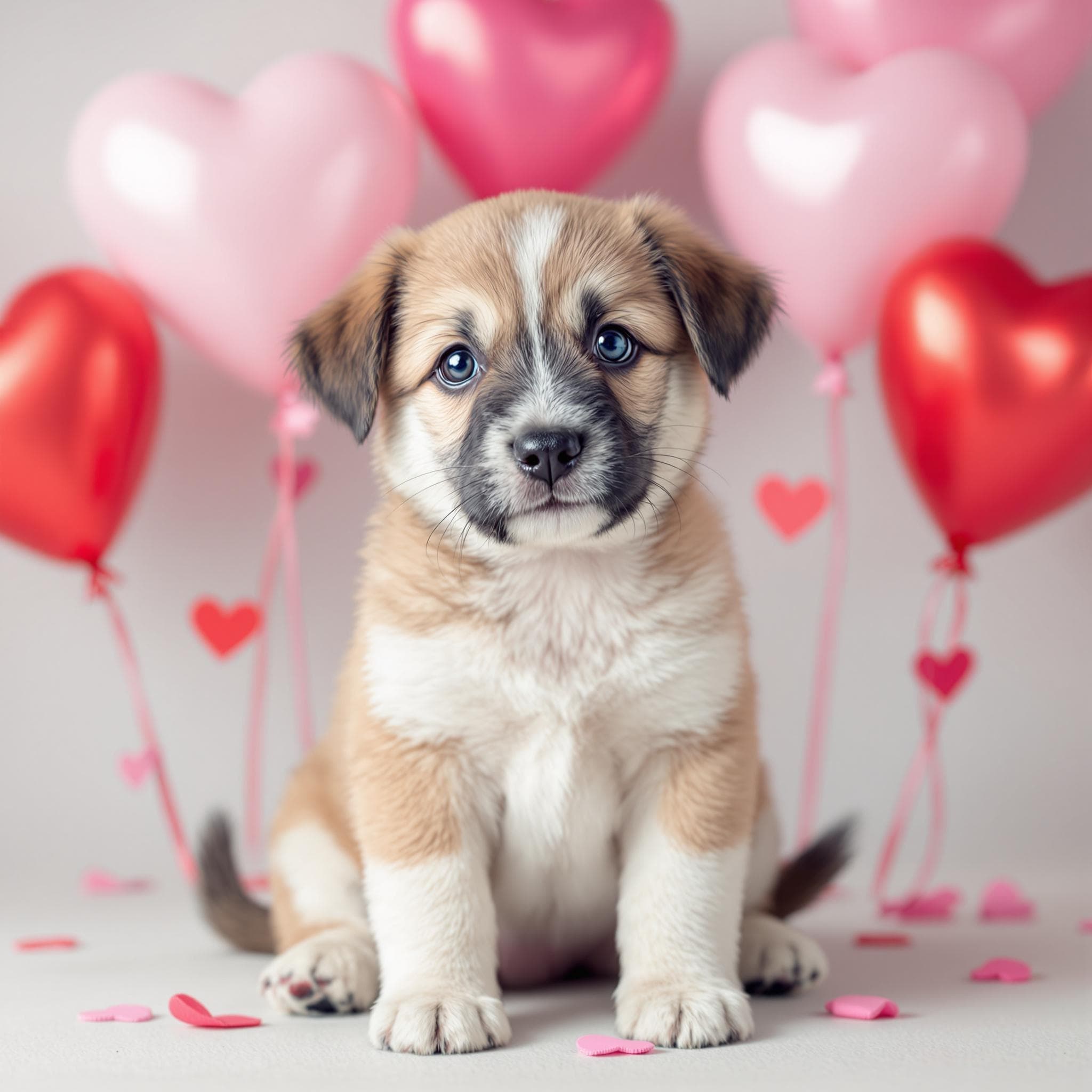 AI generated Pet Portrait of Adorable puppy surrounded by heart balloons for valentine's day 💝