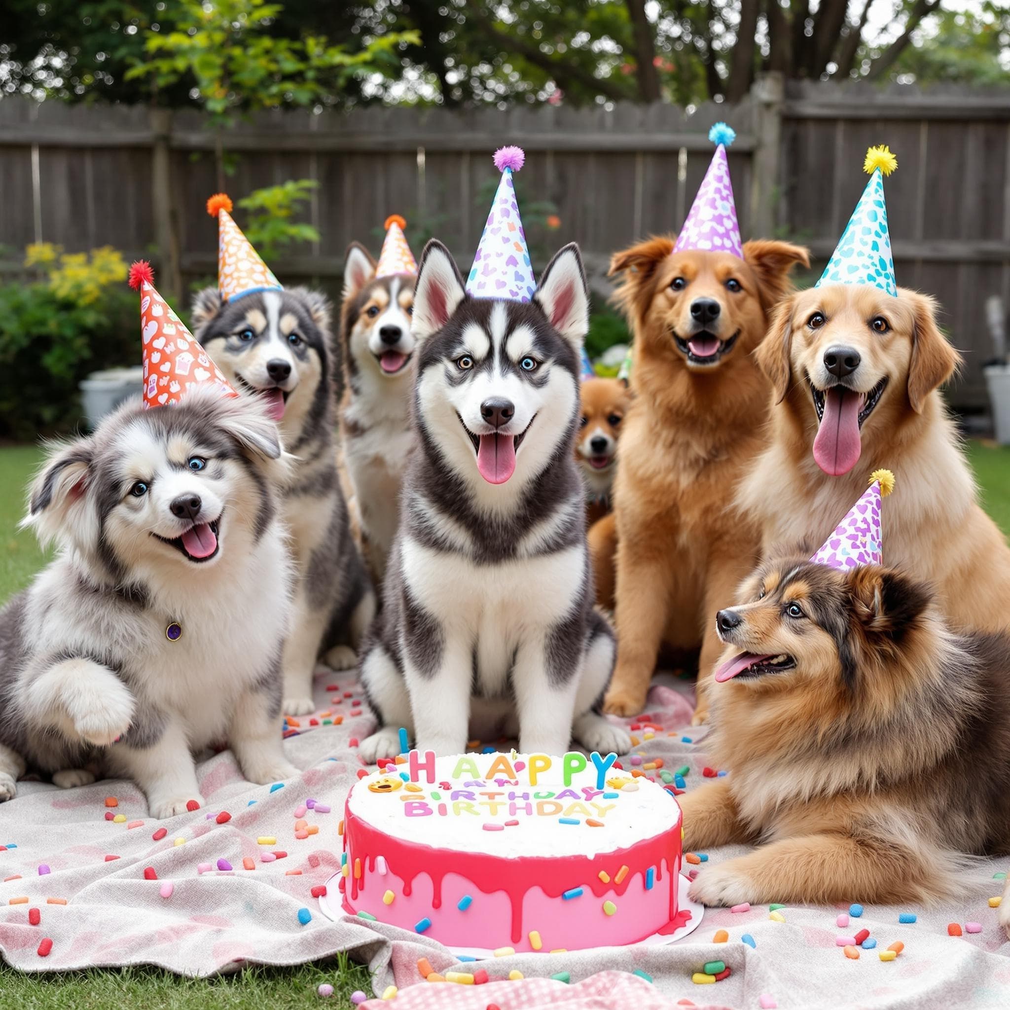 AI generated Pet Portrait of Pet celebrating at a birthday bash with friends 🥳