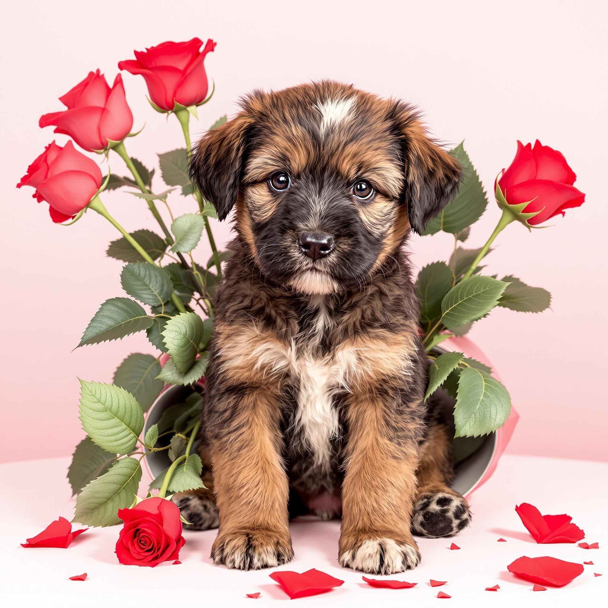 AI generated Pet Portrait of Cute puppy sitting in a bouqet of red roses, valentine's day 💌