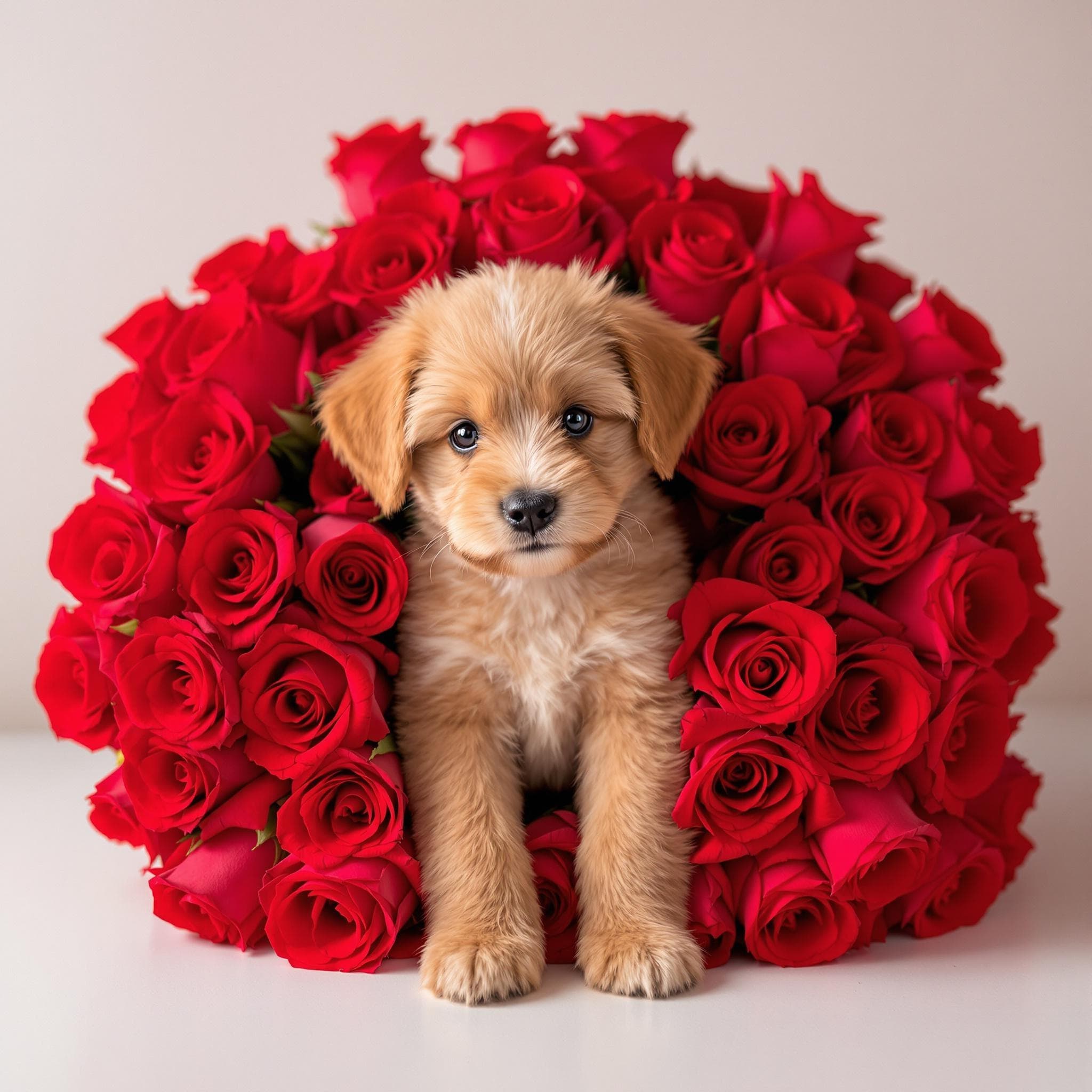 AI generated Pet Portrait of Cute puppy sitting in a huge bouqet of red roses, valentine's day 🎁