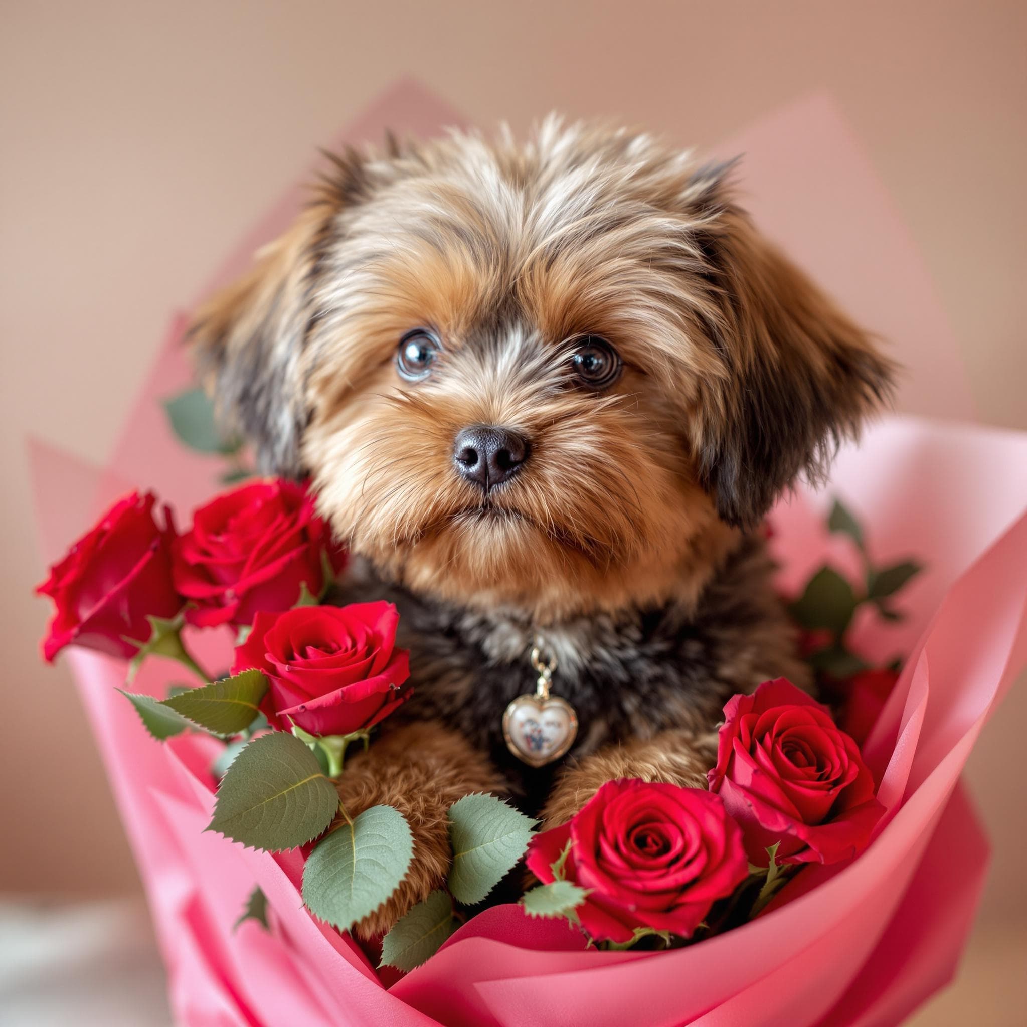 AI generated Pet Portrait of Cute dog sitting in a bouqet of red roses, valentine's day🌹