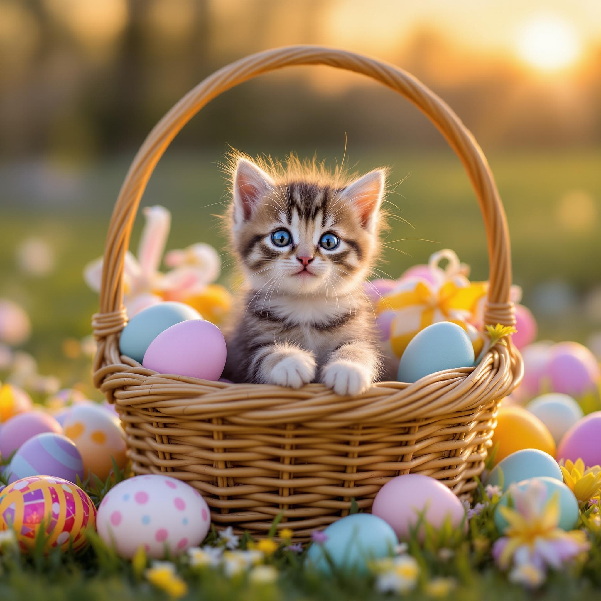 AI generated Pet Portrait of Kitten inside an Easter basket with pastel eggs and candy 🧺