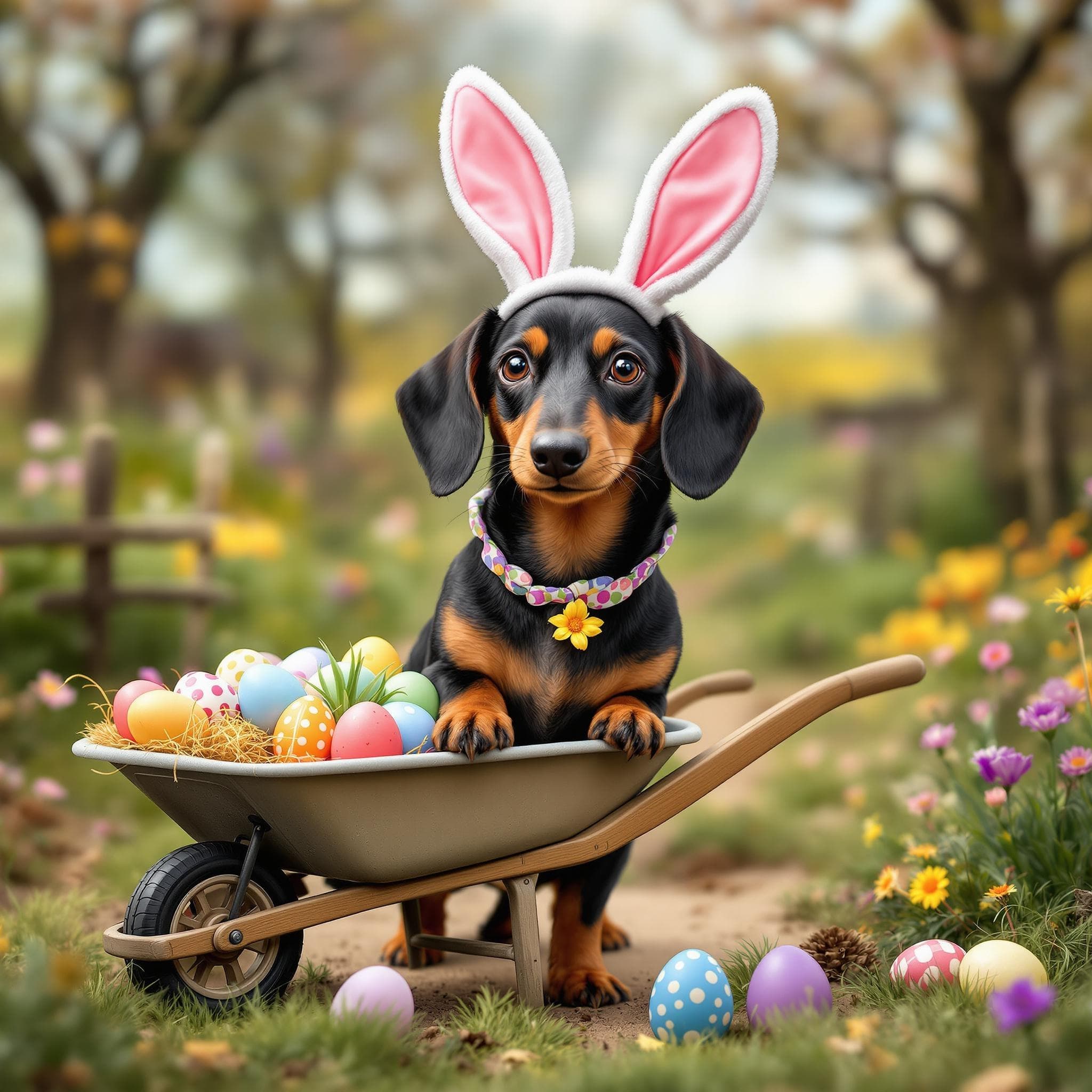 AI generated Pet Portrait of Dachshund as the Easter bunny's helper with a wheelbarrow of eggs 🎁