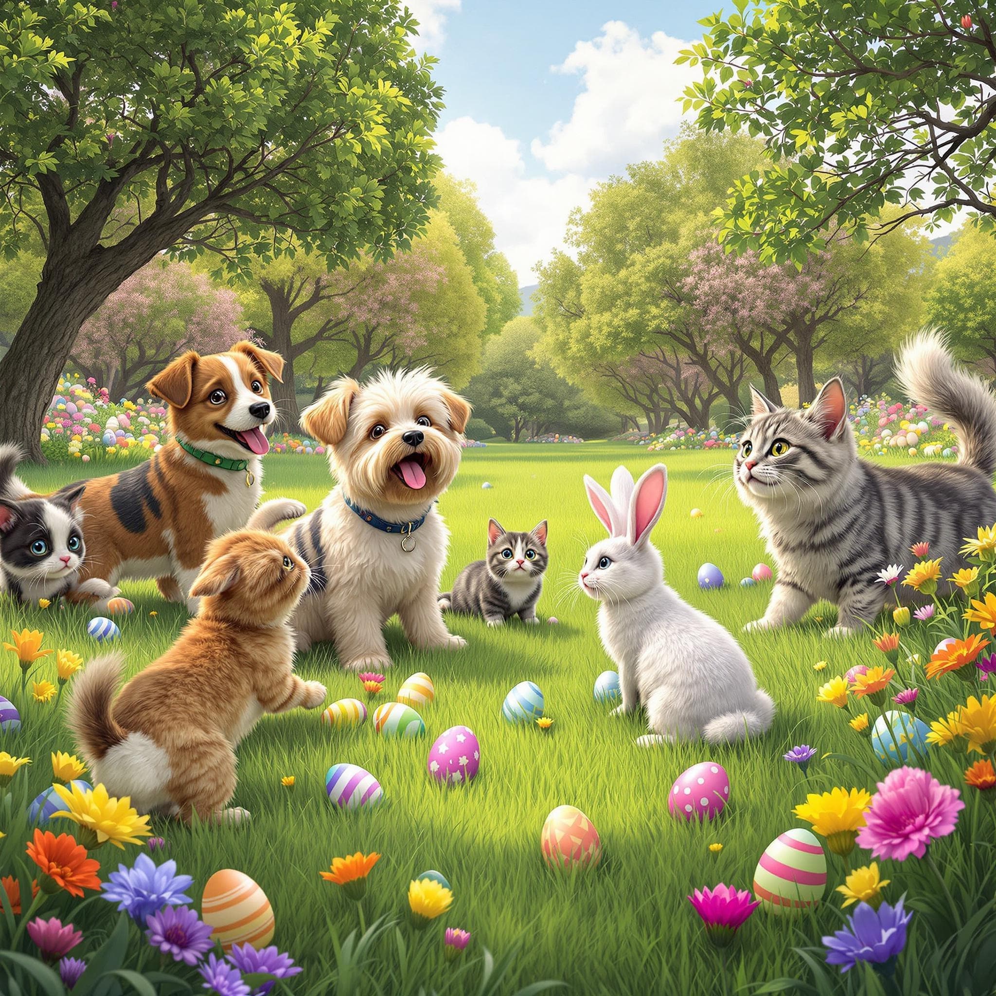 AI generated Pet Portrait of Pets searching for Easter eggs in a meadow of flowers 🥚