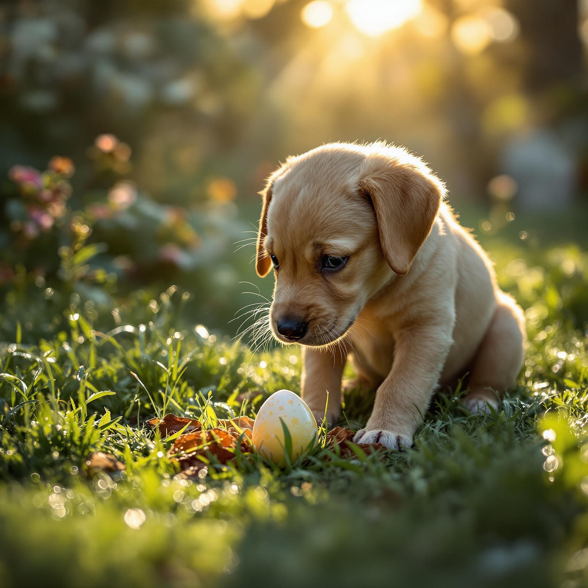 AI generated Pet Portrait of Labrador puppy finding a hidden Easter egg in a dewy garden 🐣