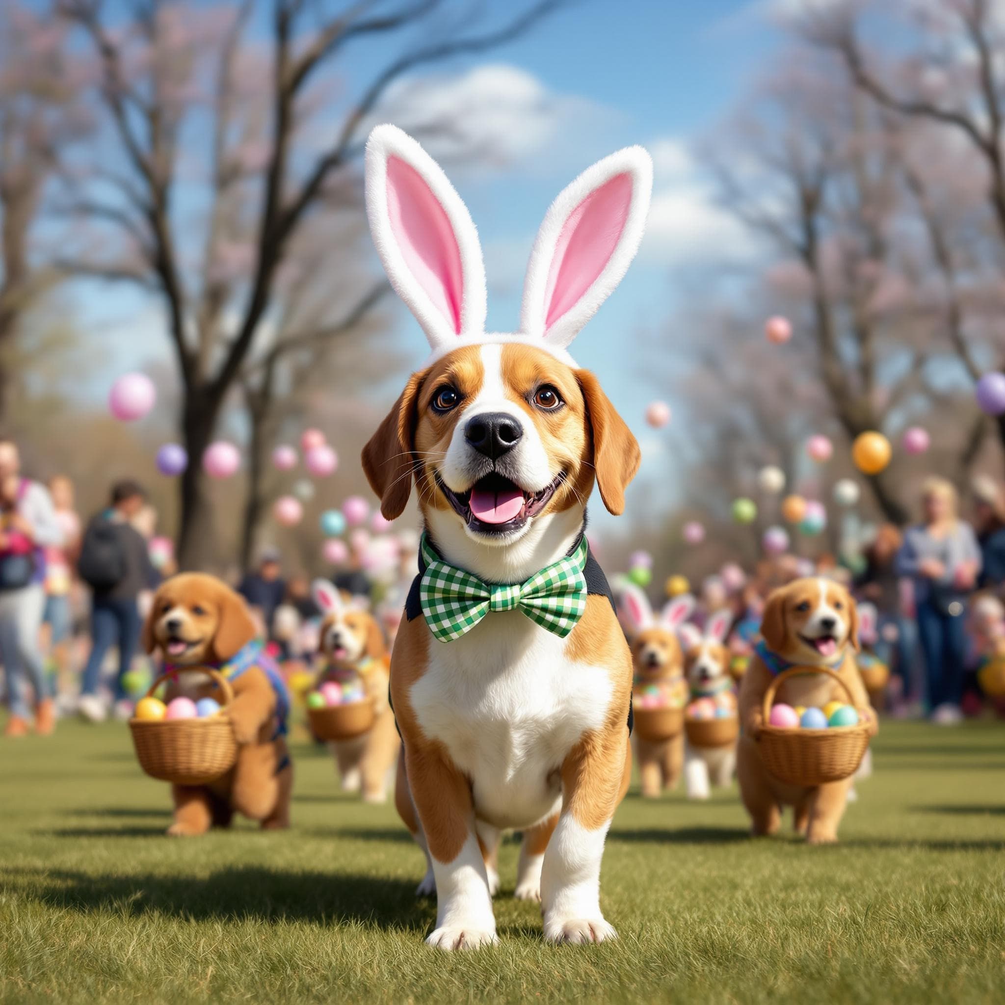 AI generated Pet Portrait of Beagle in bunny ears leading an Easter parade with baskets of eggs 🌺