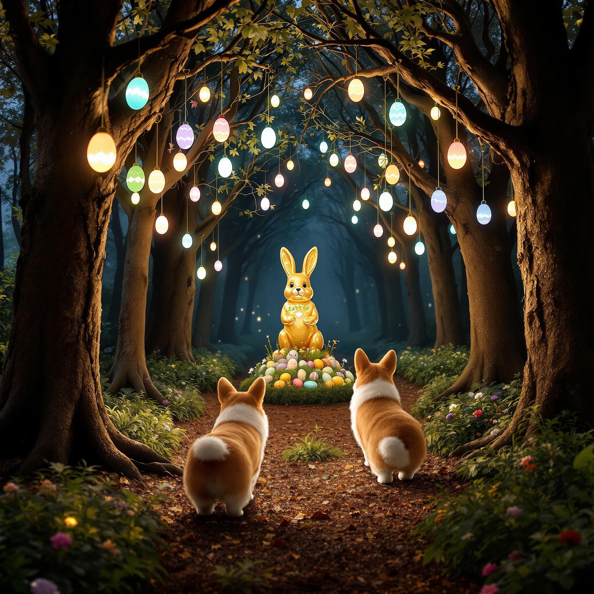 AI generated Pet Portrait of Corgi in a forest decorated with glowing Easter eggs 🦋