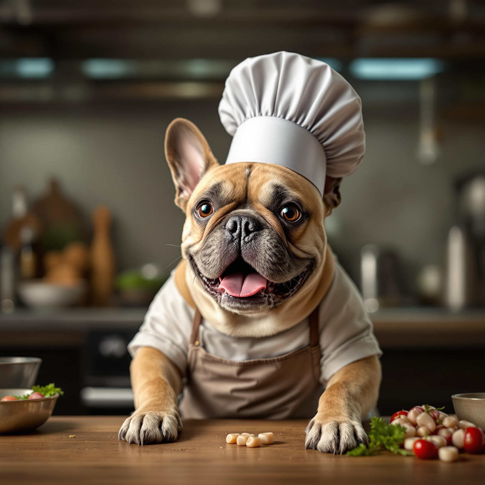 AI-generated pet portrait of a French bulldog as a chef in a kitchen