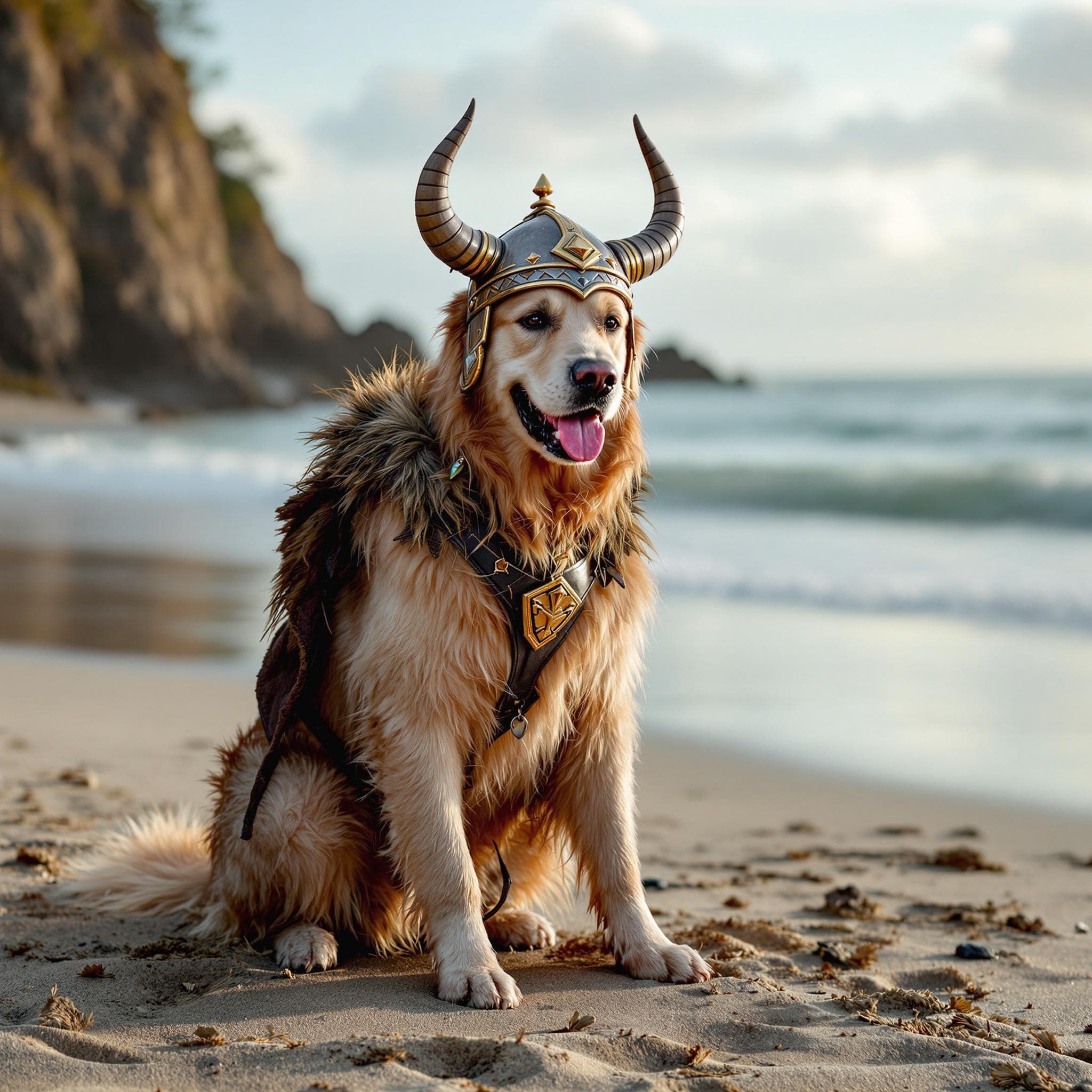 AI-generated pet portrait example - Dog in a viking helmet on a tropical beach