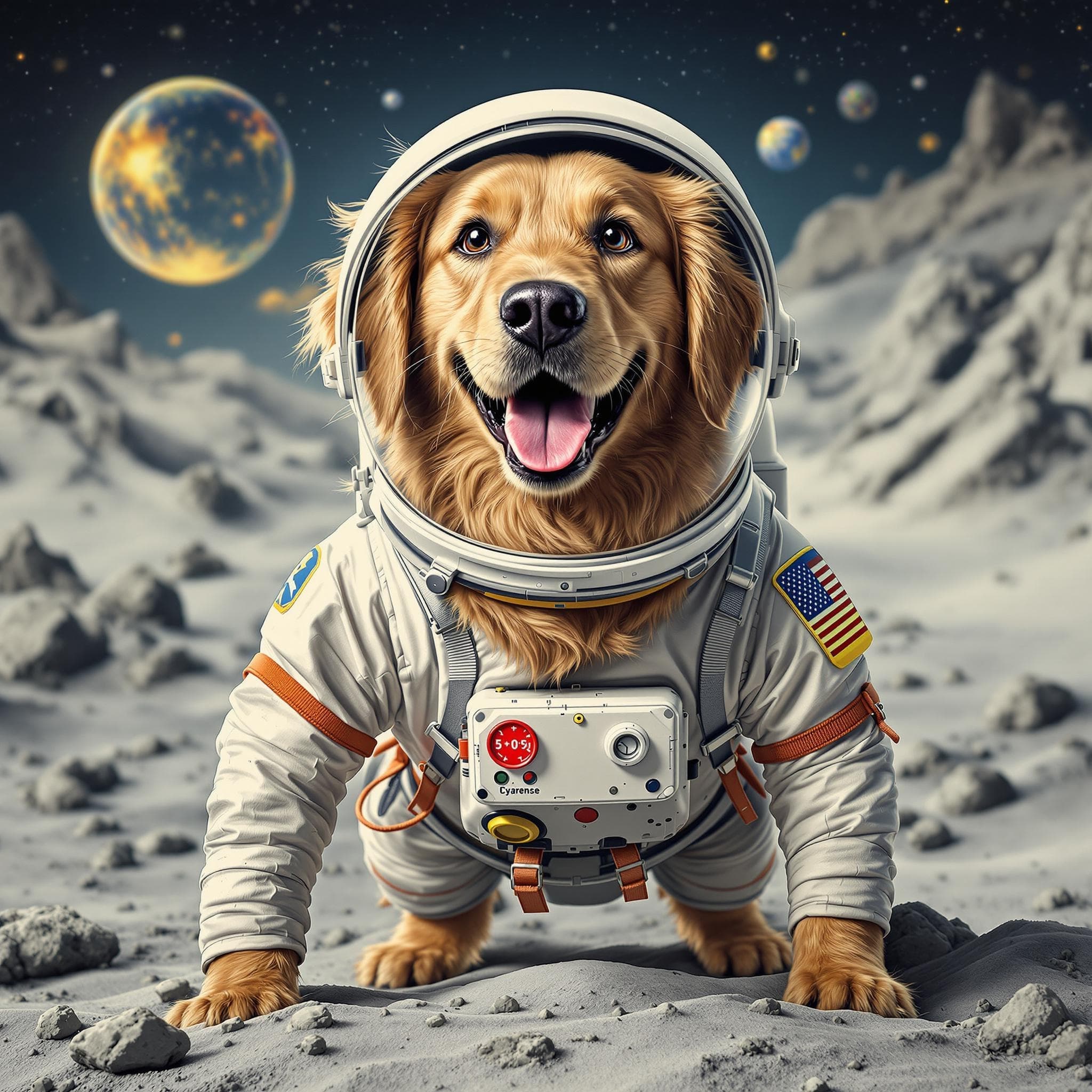 AI-generated pet portrait of a golden retriever as an astronaut on the moon