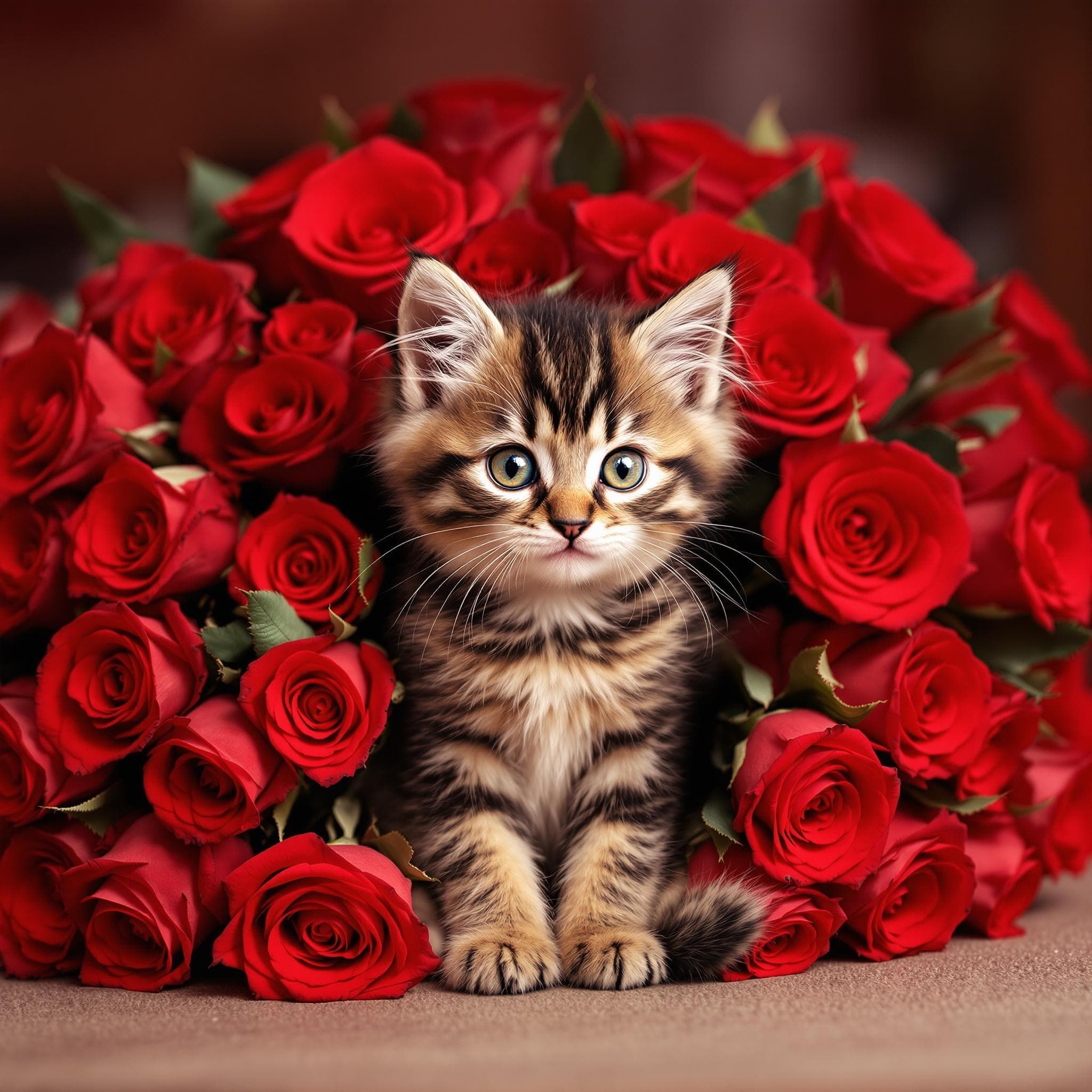 AI-generated pet portrait of a kitten in a huge bouqet of red roses, valentine's day