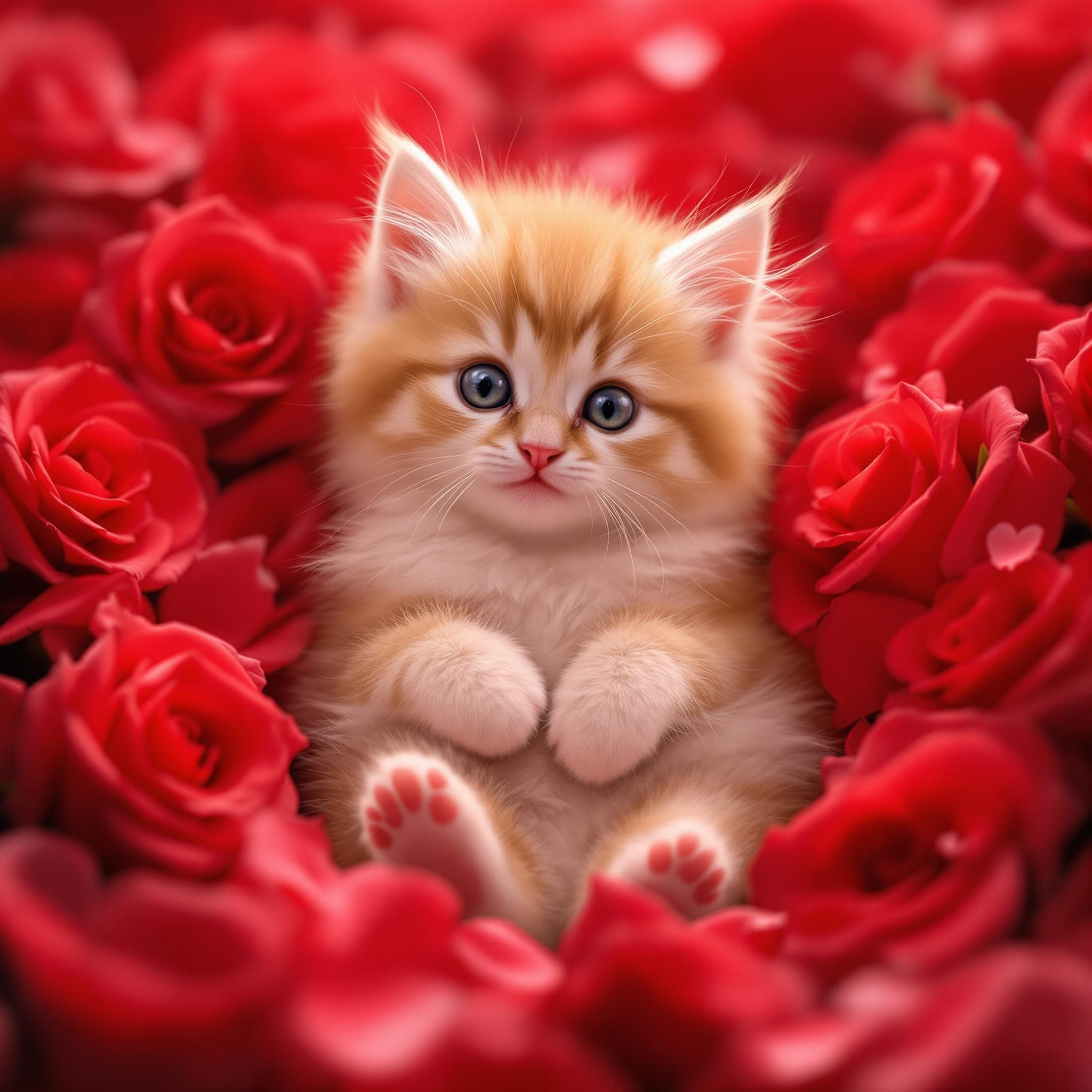 AI generated Pet Portrait of Adorable kitten nestled in a sea of red roses for Valentine's Day 🌹