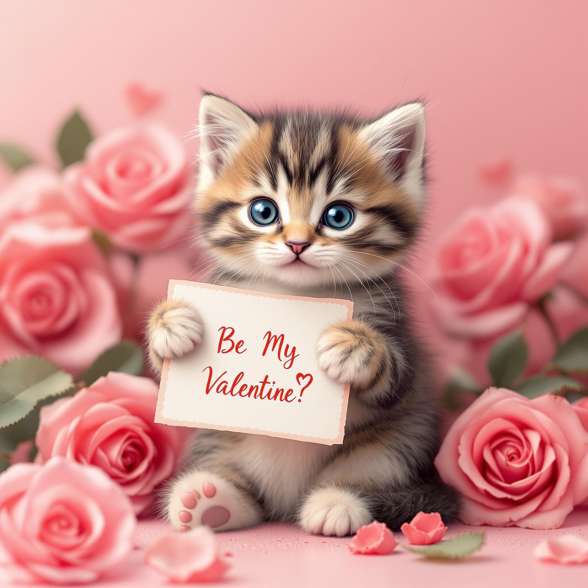 AI generated Pet Portrait of Cute kitten surrounded by roses holding a love letter with the text "Be My Valentine?"🌹