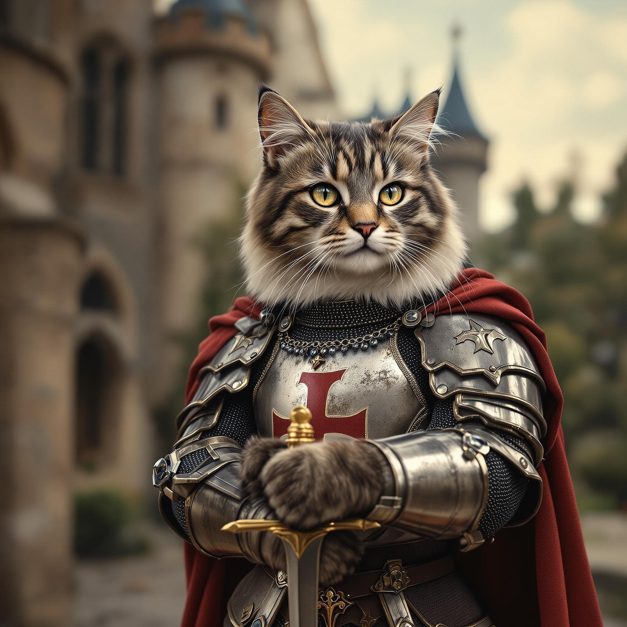 AI-generated pet portrait of a cat as a medieval knight in a castle