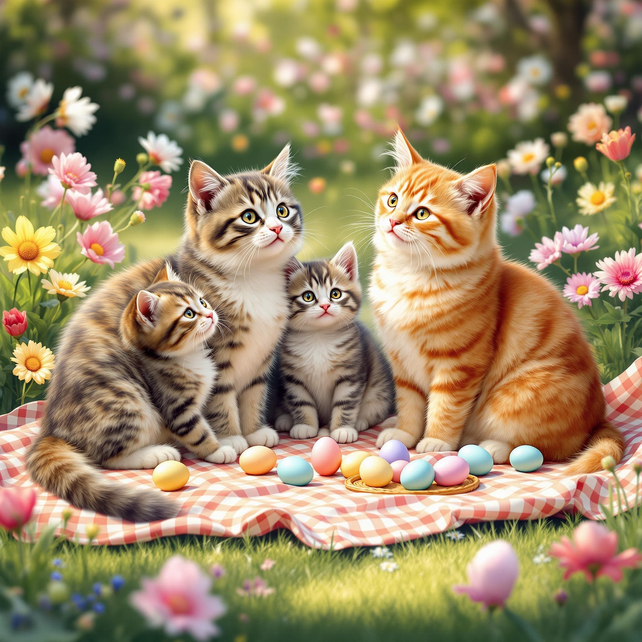 AI generated Pet Portrait of Cats on a picnic blanket surrounded by Easter eggs and flowers 🌸